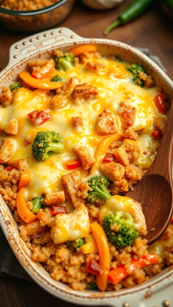 Cheesy quinoa chicken bake with broccoli, bell peppers, and melted cheese in a baking dish.